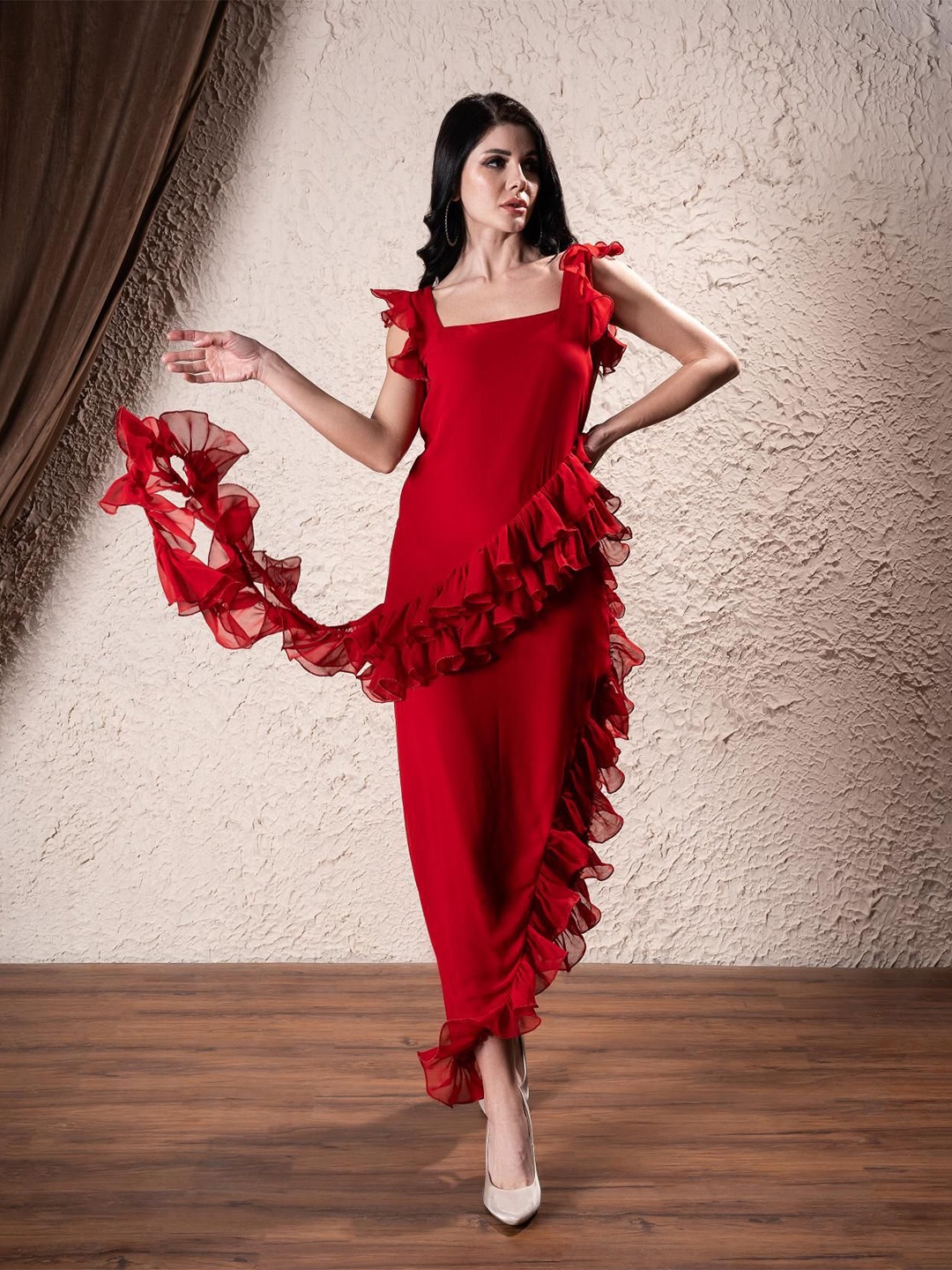 

Sacai Flutter Sleeve Ruffled Swirl Frill Fit & Flare Maxi Dress, Red