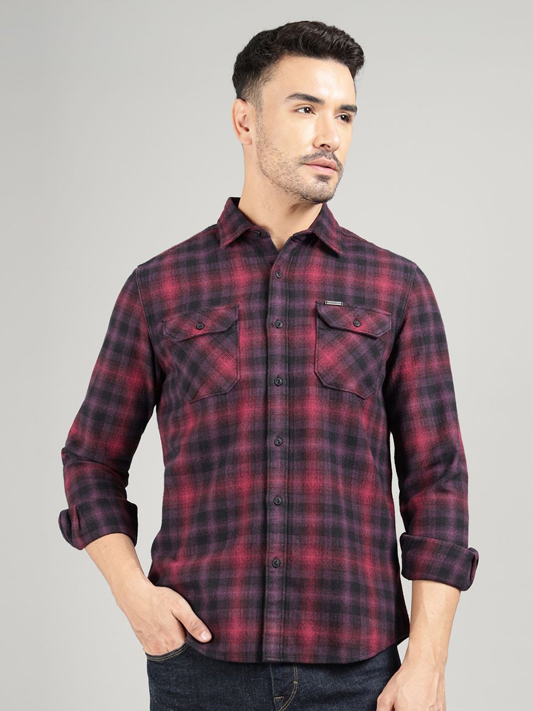 

Royal Enfield Men Spread Collar Tartan Checked Cotton Casual Shirt, Red
