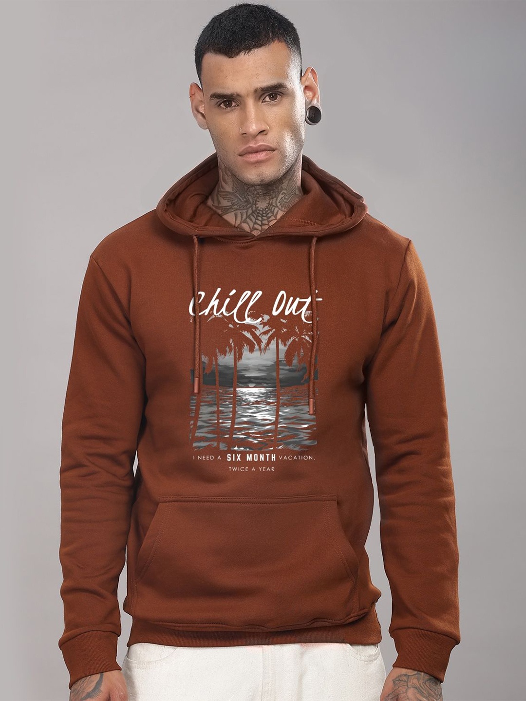 

ADRO Men Cotton Graphics Printed Hooded Sweatshirt, Brown