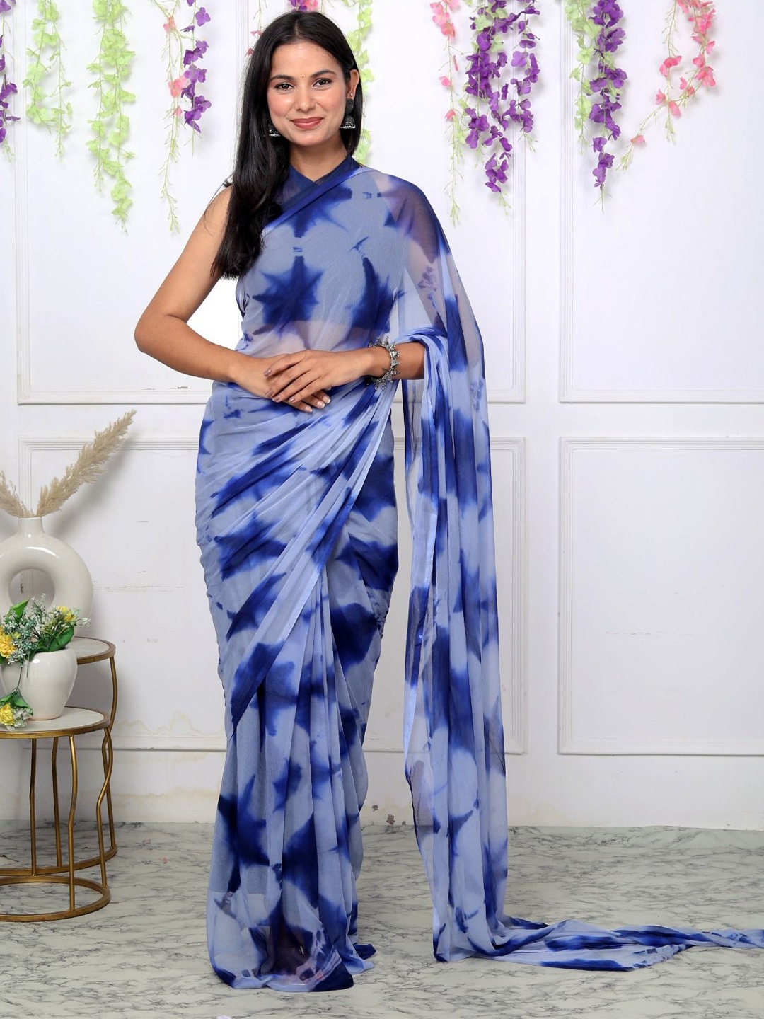 

VL SAREES Tie and Dye Pure Chiffon Saree, Blue