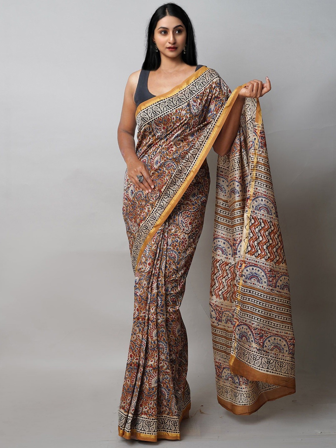 

Unnati Silks Ethnic Motifs Zari Handloom Chanderi Saree, Brown