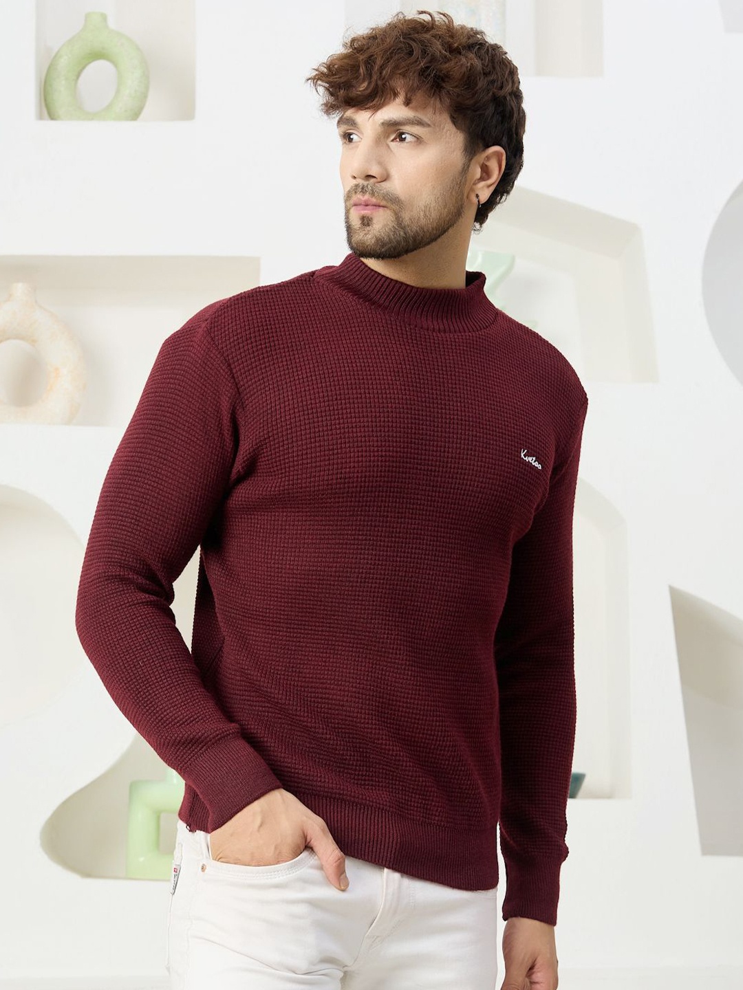 

KVETOO Men Turtle Neck Solid Pullover, Maroon