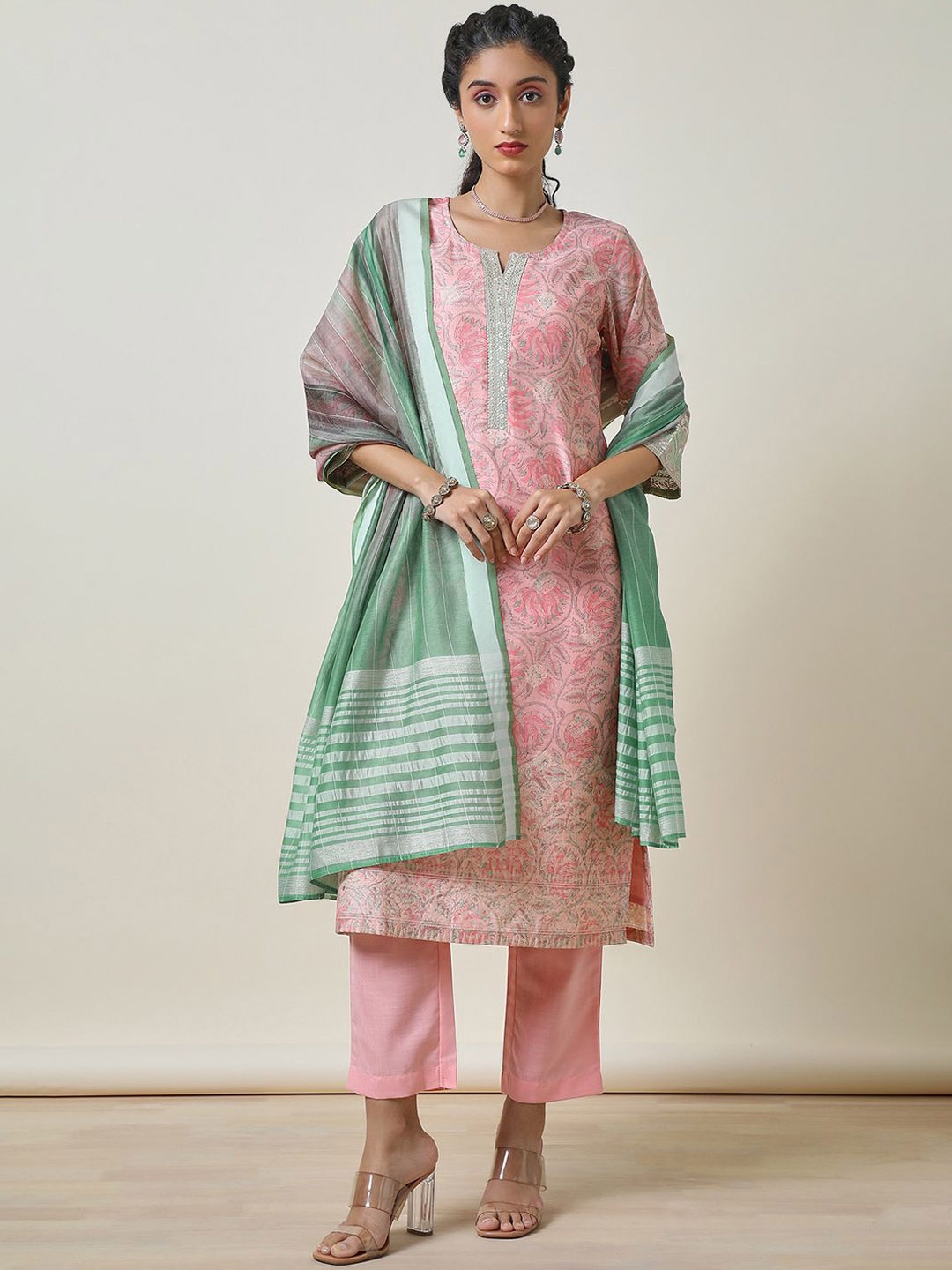 

Soch Pink Ethnic Motifs Printed Thread Work Chanderi Silk Kurta With Trousers & Dupatta