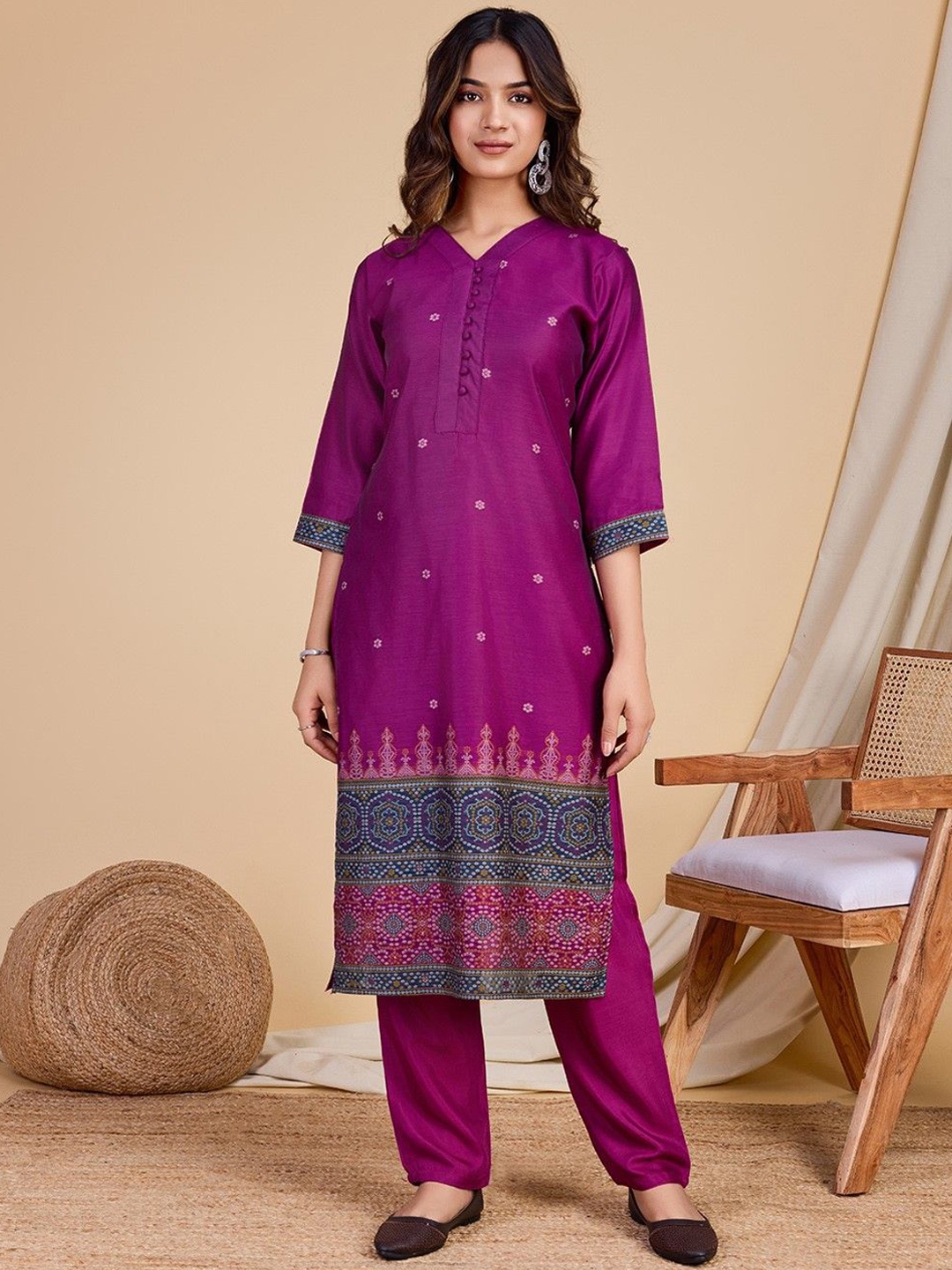 

ZARIMO Bandhani Woven Design Pure Cotton Straight Kurta with Trousers, Magenta