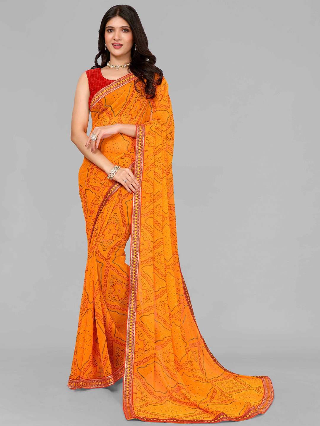 

saretramall Bandhani Pure Georgette Bandhani Saree, Yellow