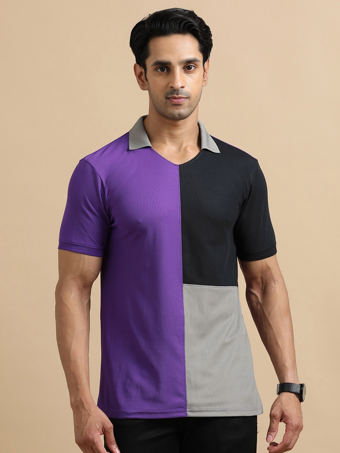 

ECOLINE Clothing Men Antimicrobial Colourblocked Polo Collar T-shirt, Purple