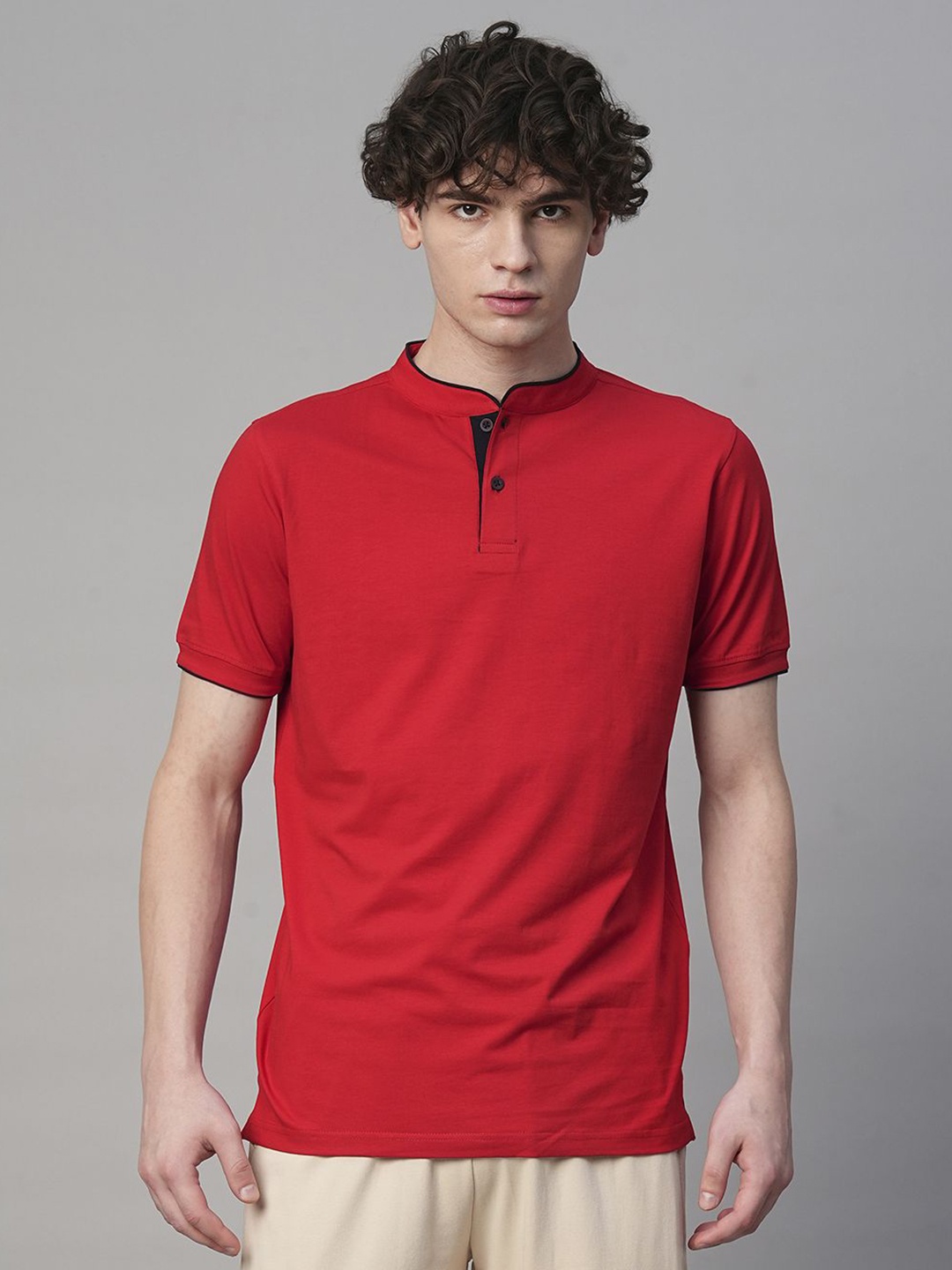 

PRONK Men Solid Henley Neck Cotton T-shirt, Red