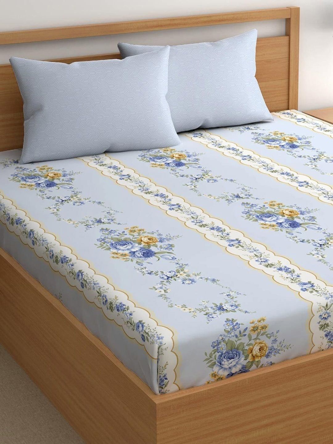 

Srijee Decors Blue Floral Printed 210 TC Fitted King Bedsheet with 2 Pillow Covers