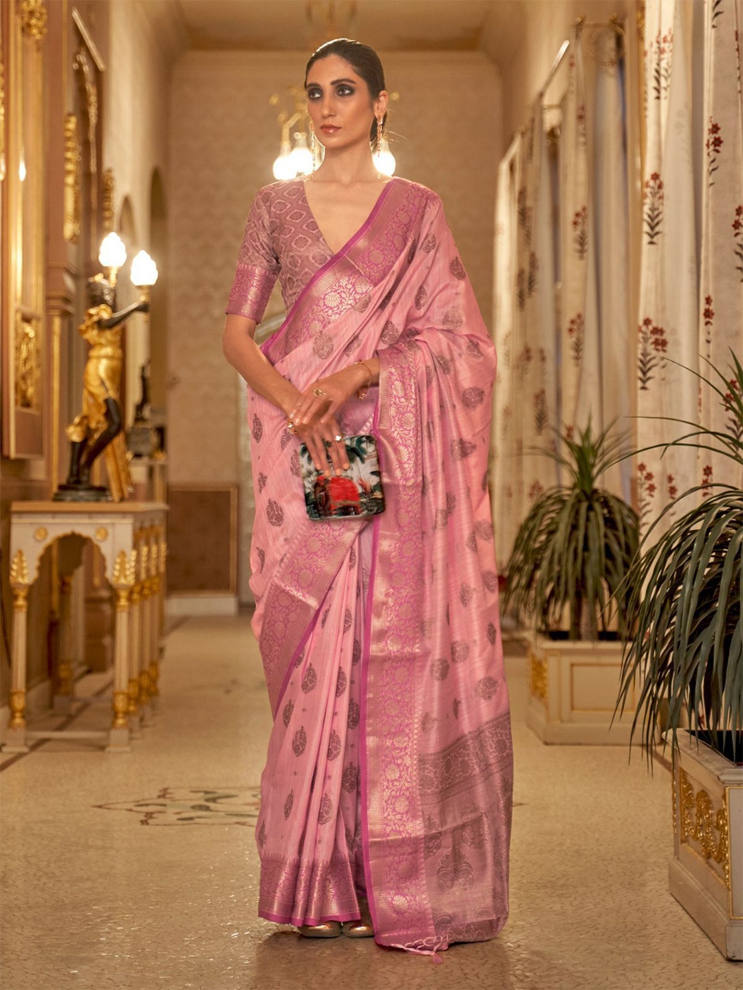 

ODETTE Woven Design Zari Saree, Pink