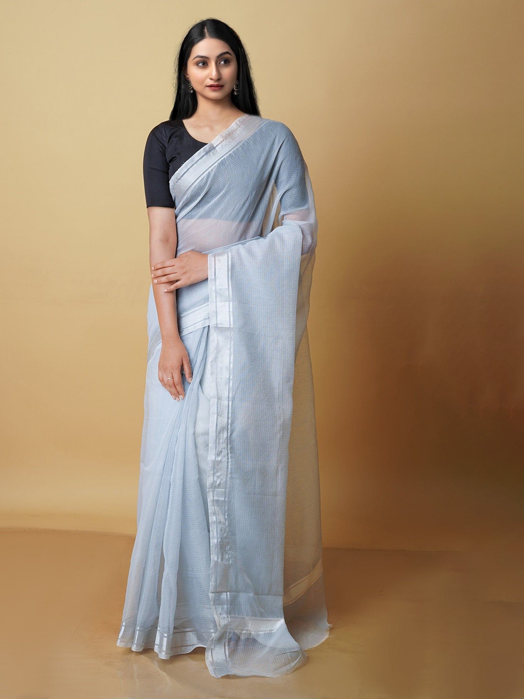 

Unnati Silks Checked Zari Pure Cotton Handloom Kota Saree, Grey
