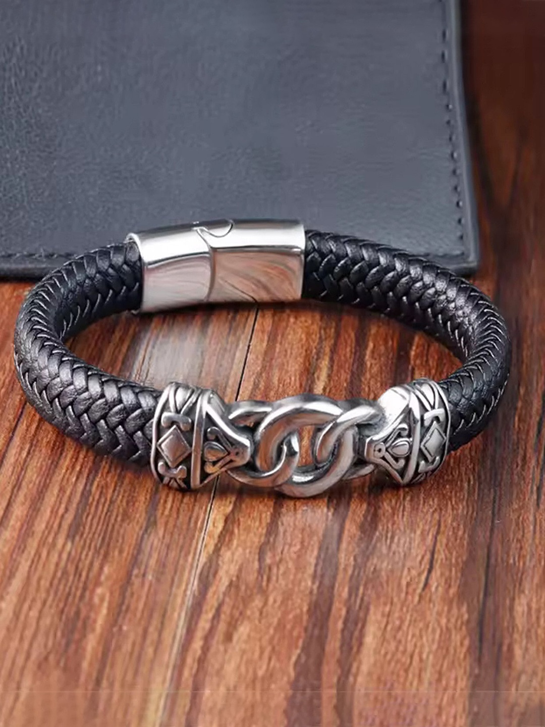 

Lila Men Leather & Stainless Steel Wraparound Bracelet, Black