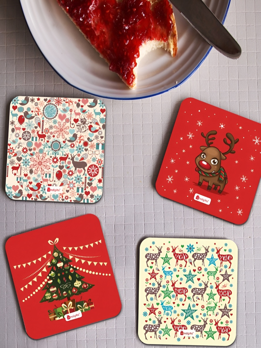 

Indigifts Red & Green 4 Pieces Floral Printed Square Coasters