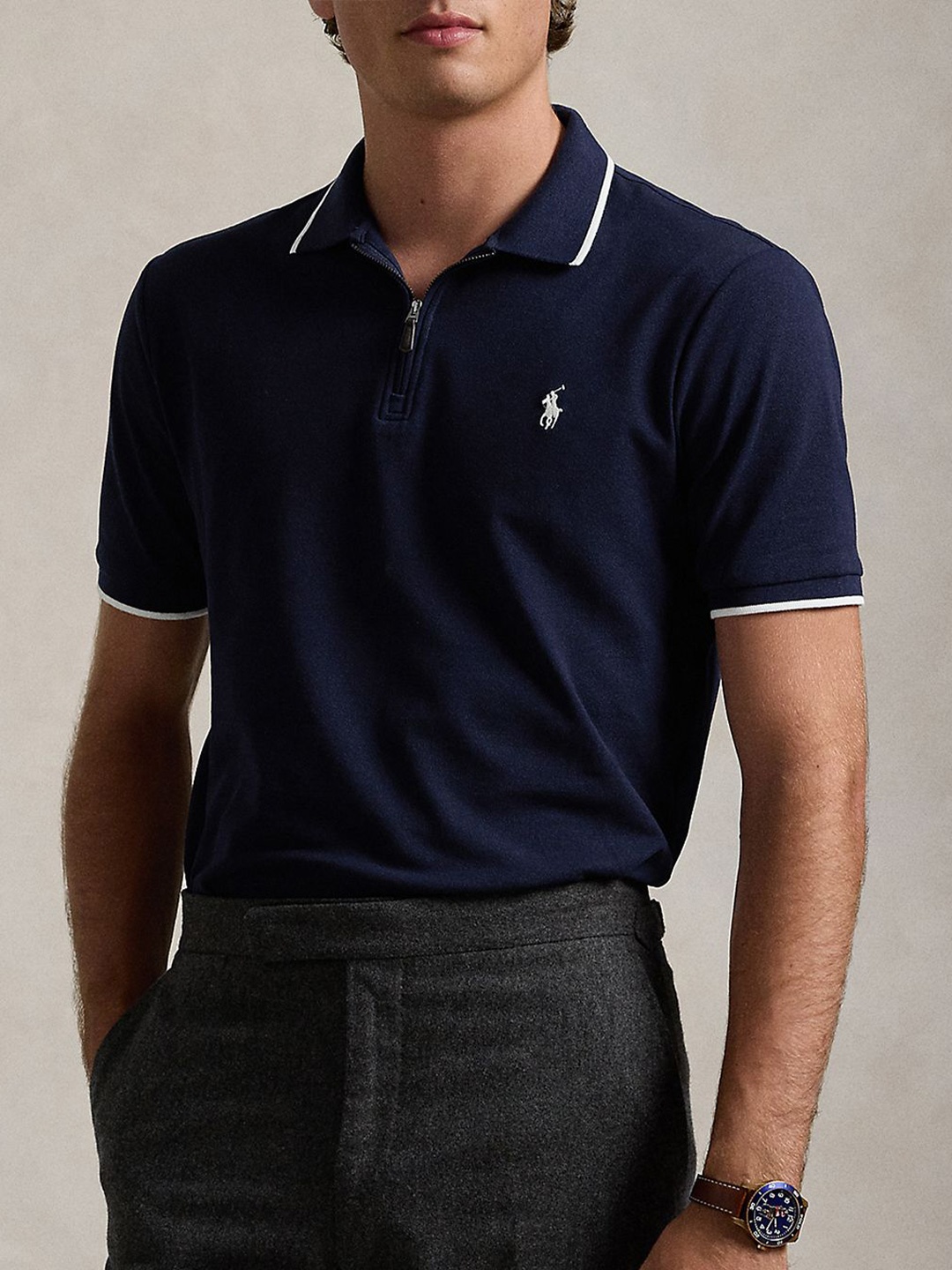 

Polo Ralph Lauren Men Solid Pure Cotton Slim Polo Collar T-Shirt, Navy blue