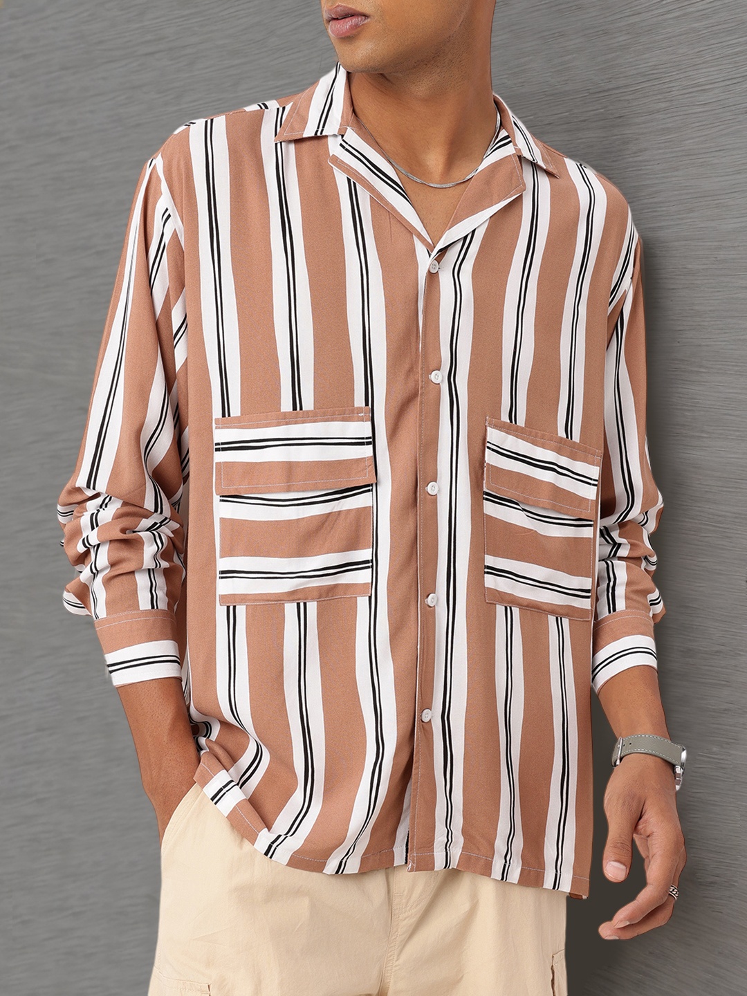 

Kook N Keech Stylish Vibe Striped Oversized Fit Shirt, Brown