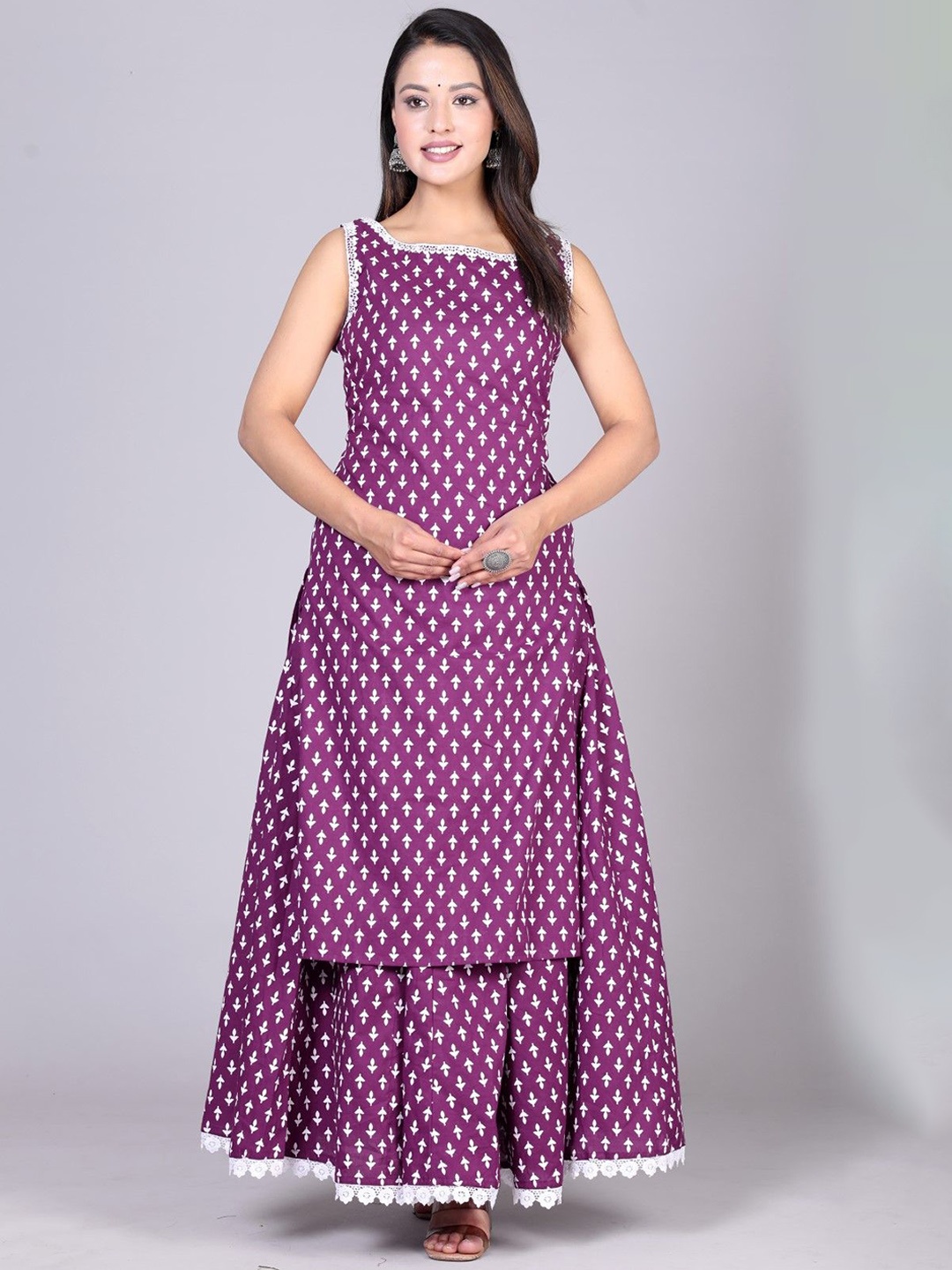 

ANTU KURTIES Ethnic Motifs Printed Thread Work Square Neck Straight Kurta with Skirt, Purple