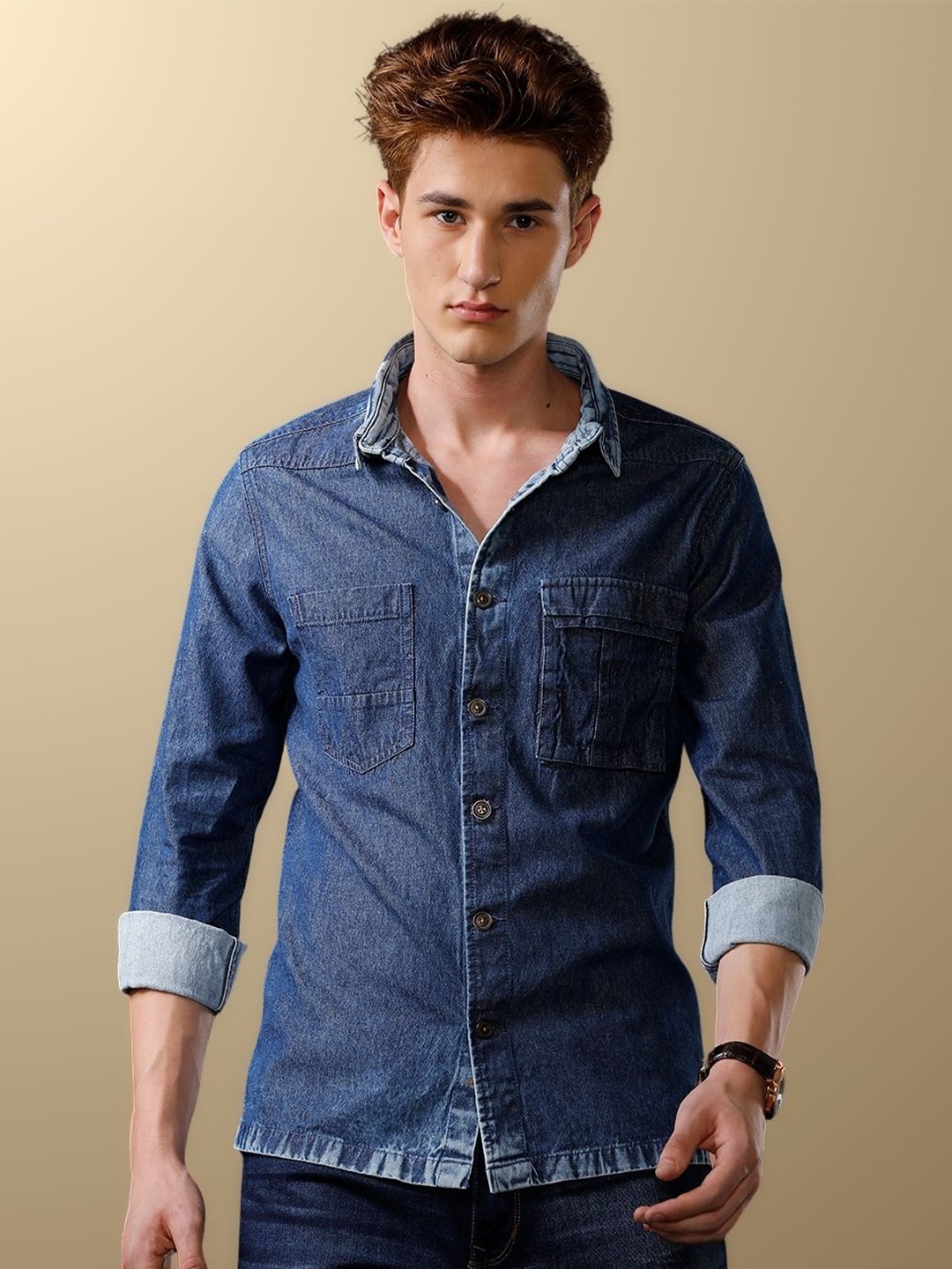 

TEMPLE OF DENIM Men India Slim Cutaway Collar Solid Denim Casual Shirt, Blue