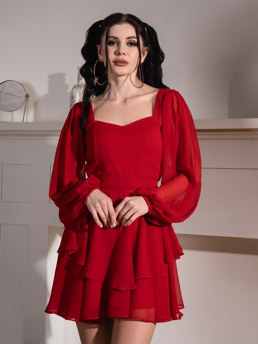 

Sacai Women Puff Sleeve Ruffled Georgette Fit & Flare Mini Dress, Red