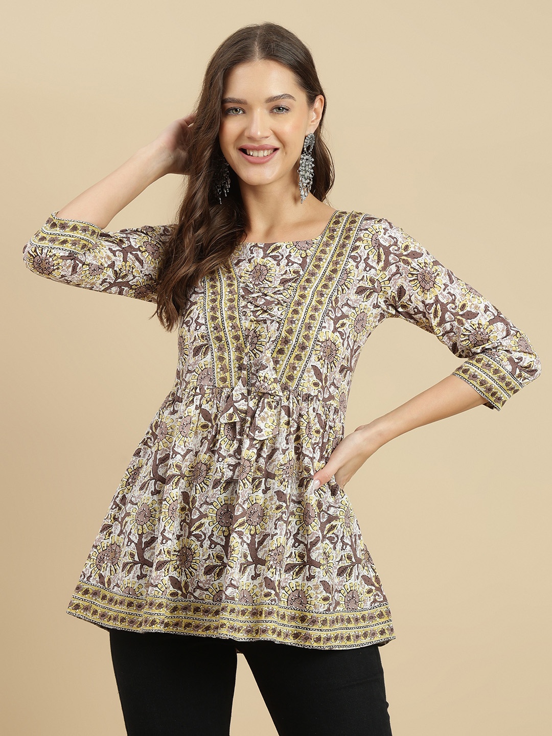 

JANAKDULARI CREATION Women Floral Printed Round Neck Cotton Top, Brown