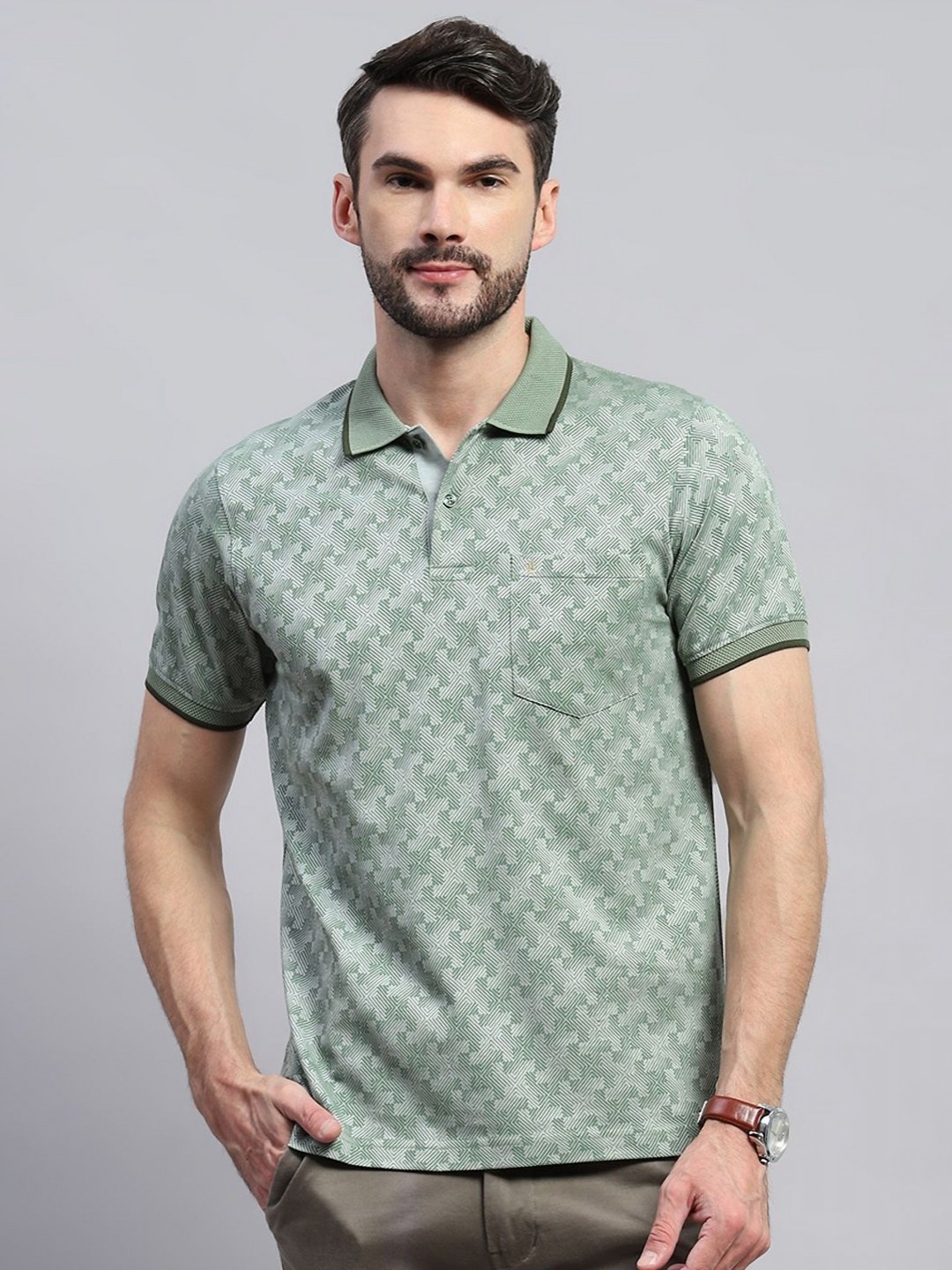 

Monte Carlo Men Self Design Polo Collar Cotton T-shirt, Green