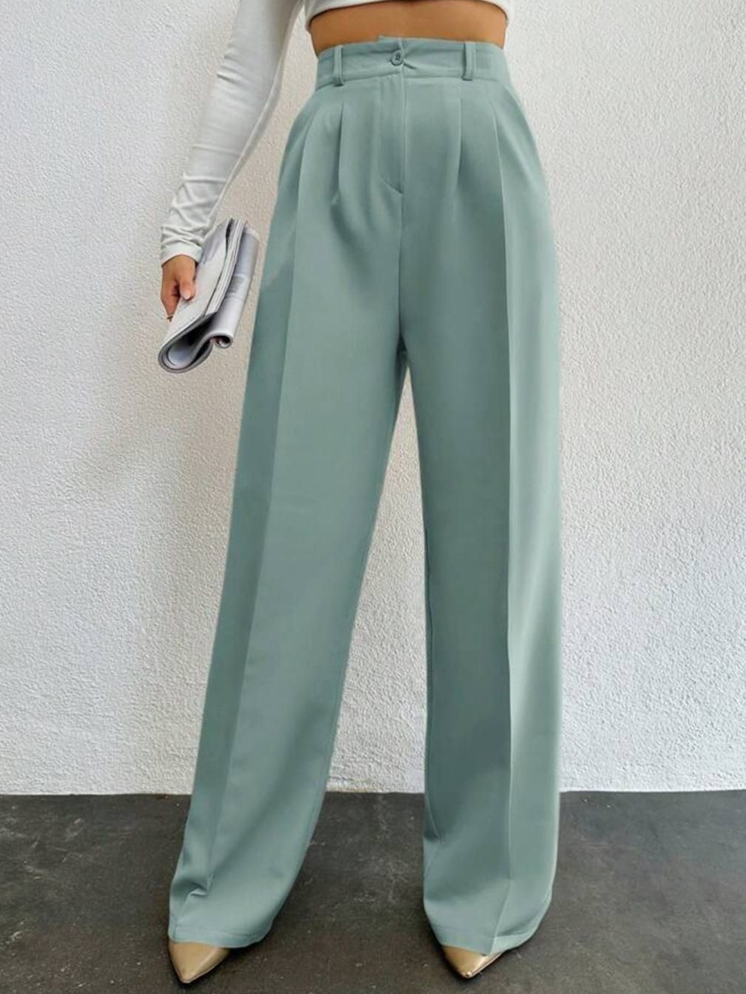 

Next One Women High-Rise Pleated Korean Trousers, Green