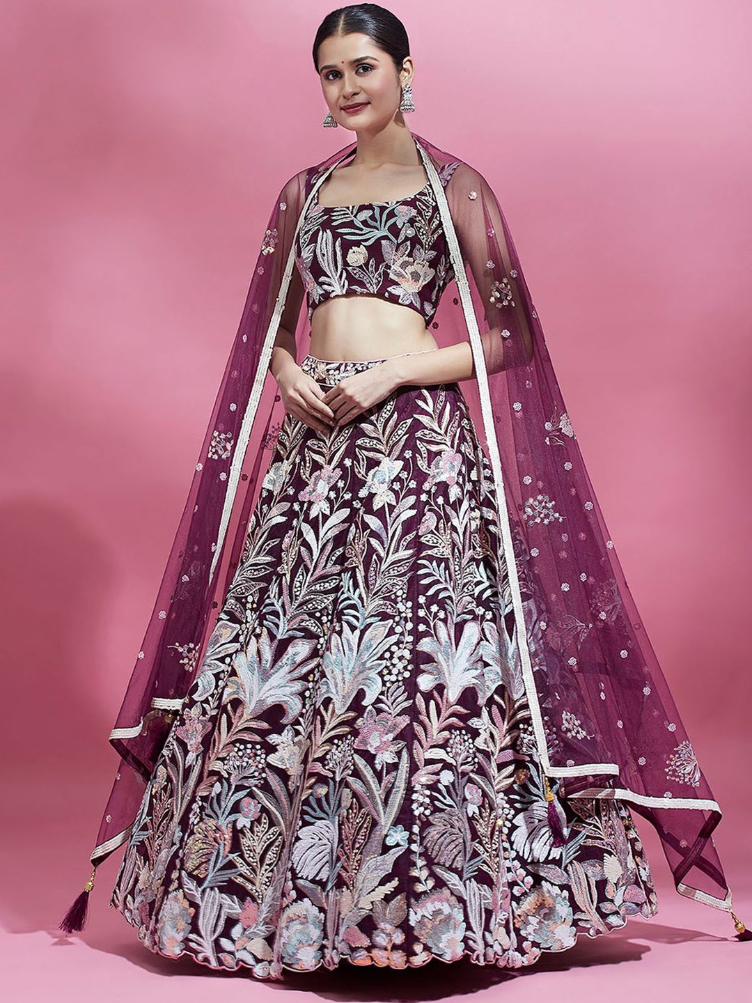 

FABPIXEL Floral Embroidered Sequinned Semi-Stitched Lehenga & Unstitched Blouse & Dupatta, Purple