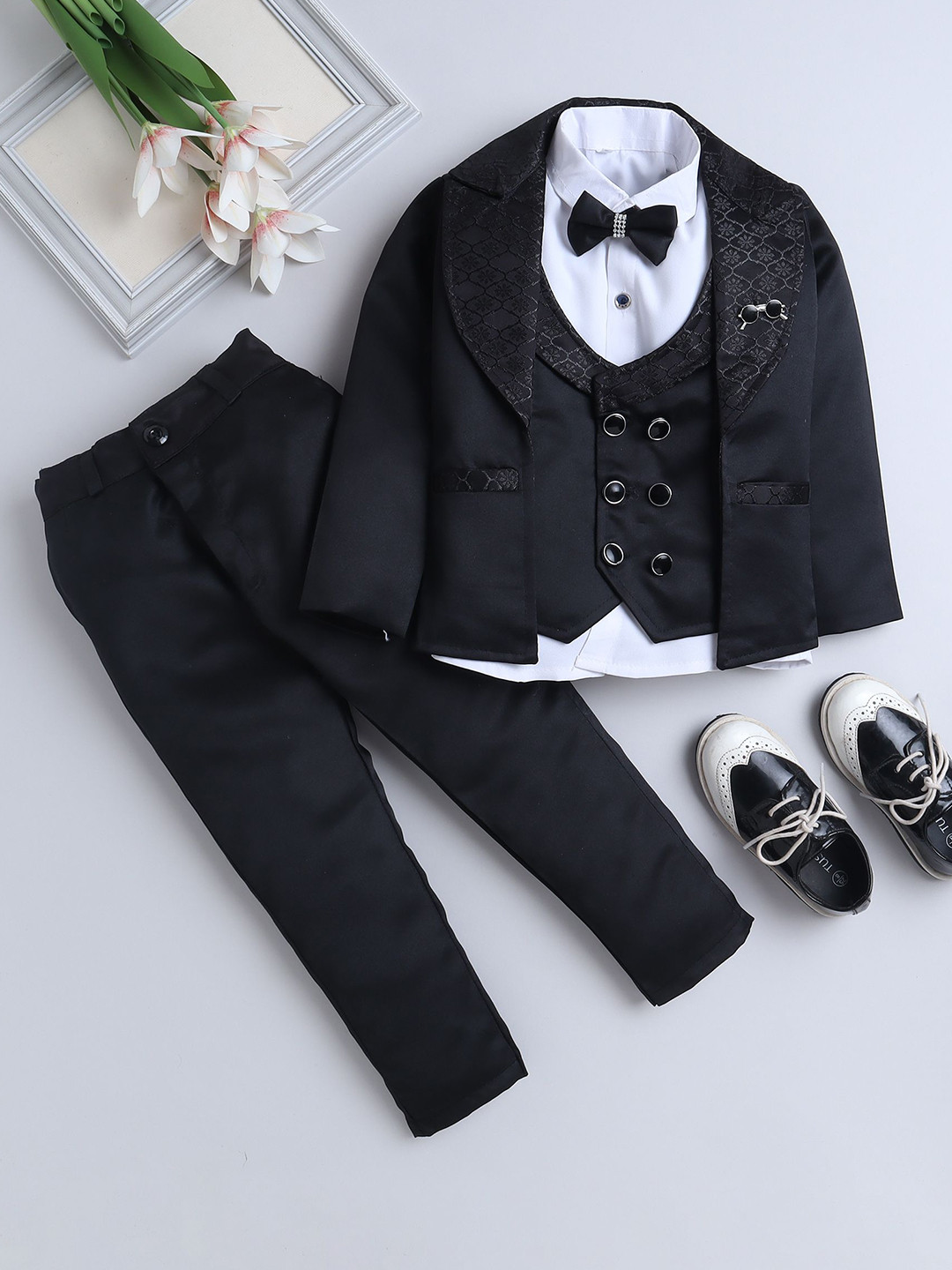 

BAESD Boys Double-Breasted Notched Lapel Collar Shirt And Trouser With Blazer, Black