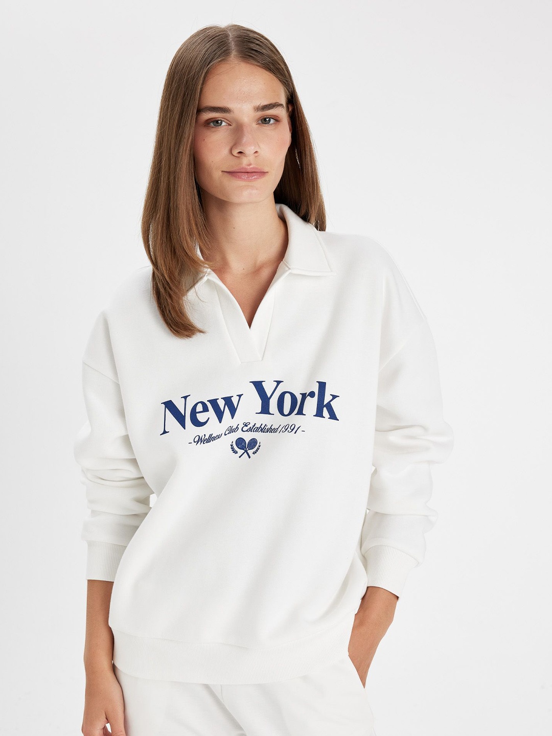 

DeFacto Women Printed Cotton Pullover Sweatshirt, White