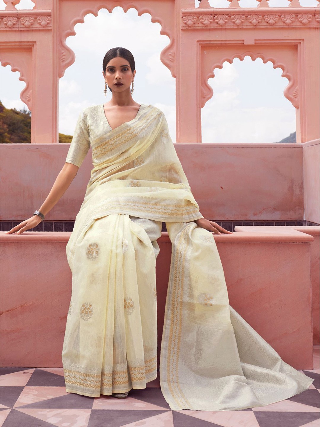 

ODETTE Woven Design Zari Saree, Cream