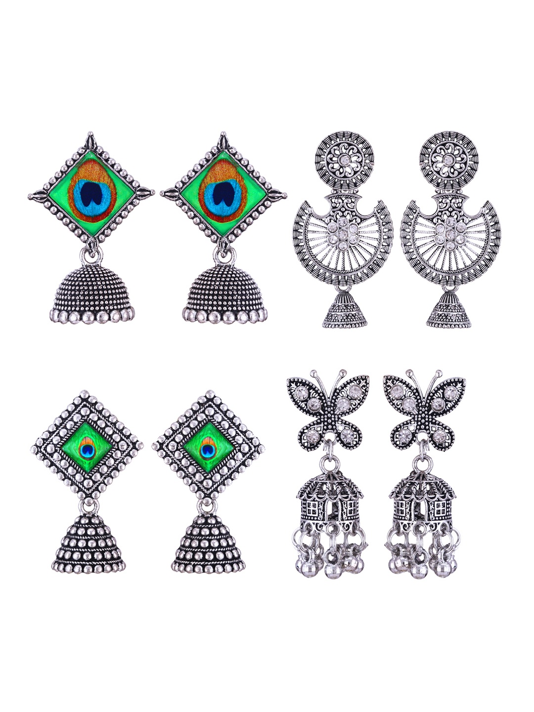 

DIVASTRI Set Of 4 Silver Plated Dome Shaped Oxidised Jhumkas