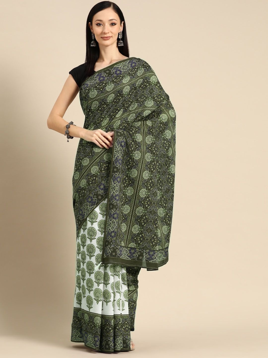 

BUTA BUTI Floral Printed Pure Cotton Saree, Olive