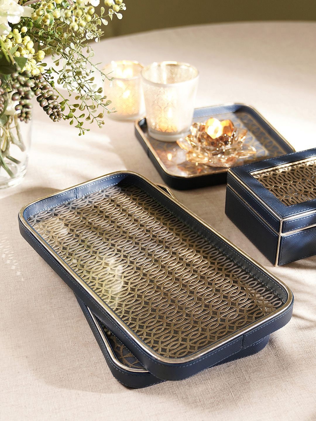 

Pure Home and Living Blue & Gold Toned Rectangle Serving Tray