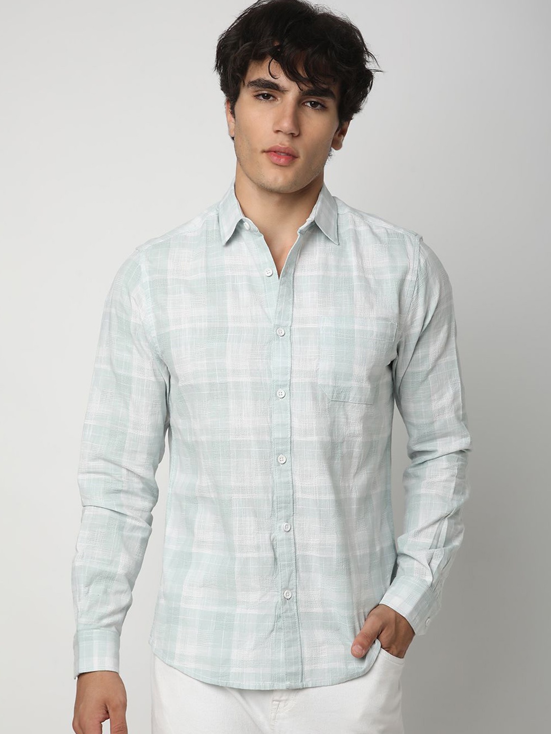 

R&B Men Cutaway Collar Tartan Checked Cotton Casual Shirt, Green
