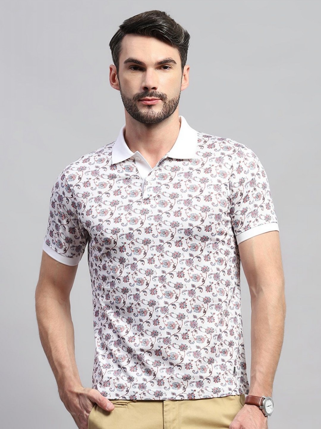 

Monte Carlo Men Floral Printed Polo Collar Cotton T-shirt, White