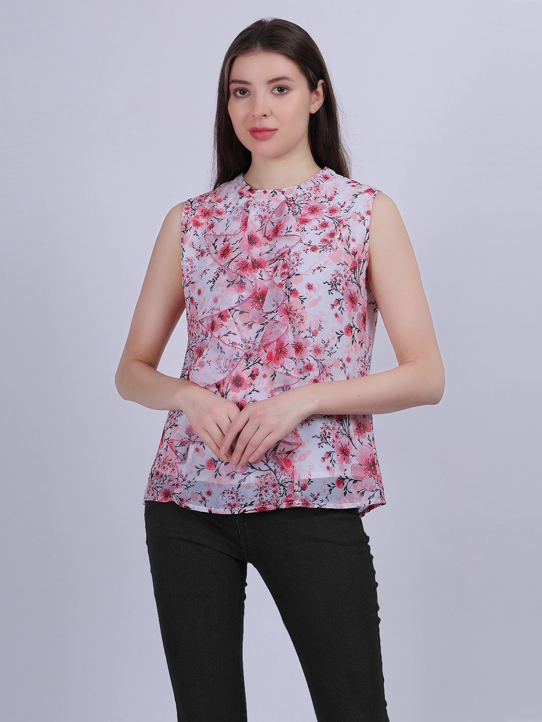

Aumbe Women Floral Printed Round Neck Silk Blend Top, White