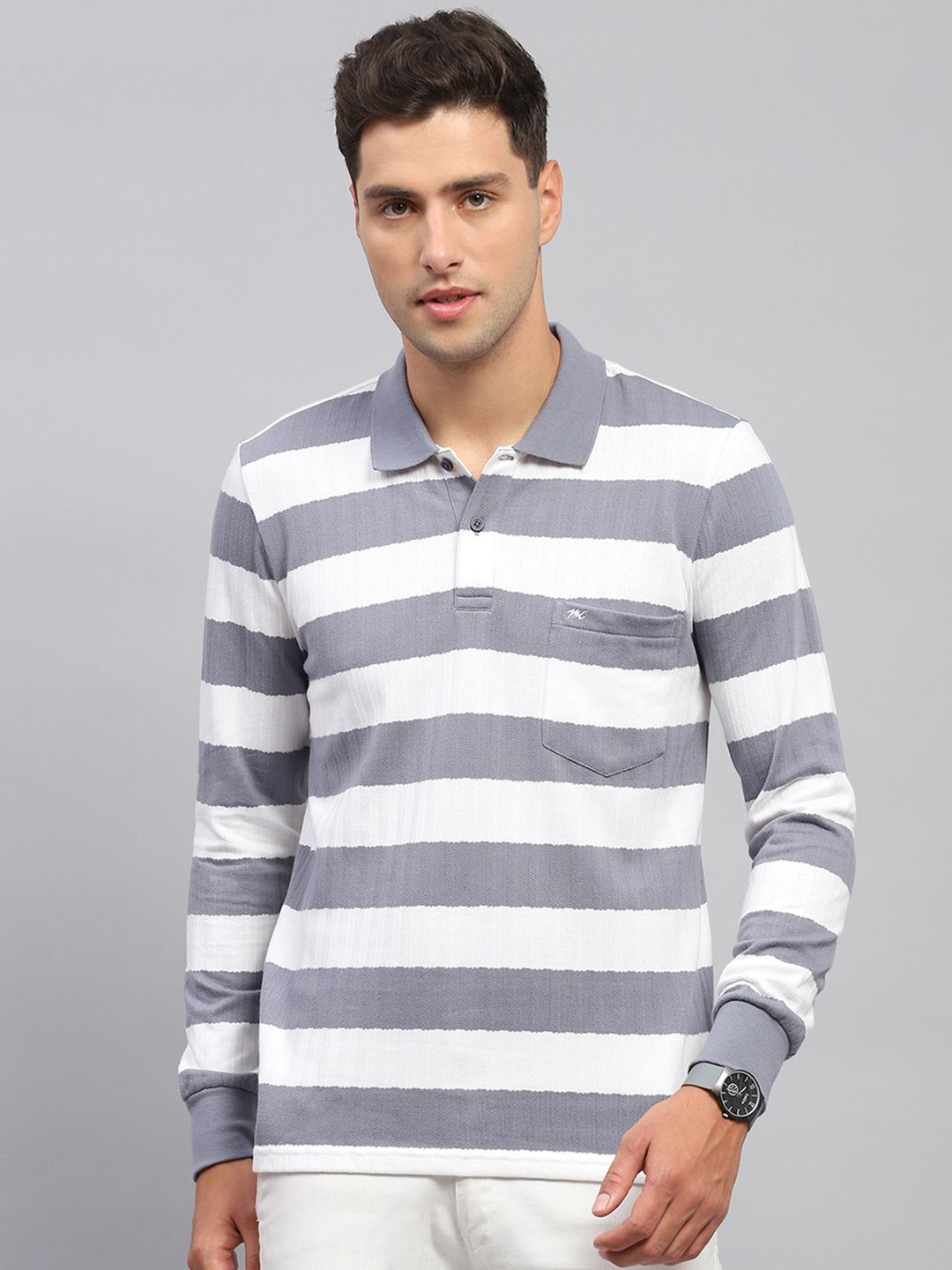 

Monte Carlo Men Striped Polo Collar Cotton T-shirt, Grey