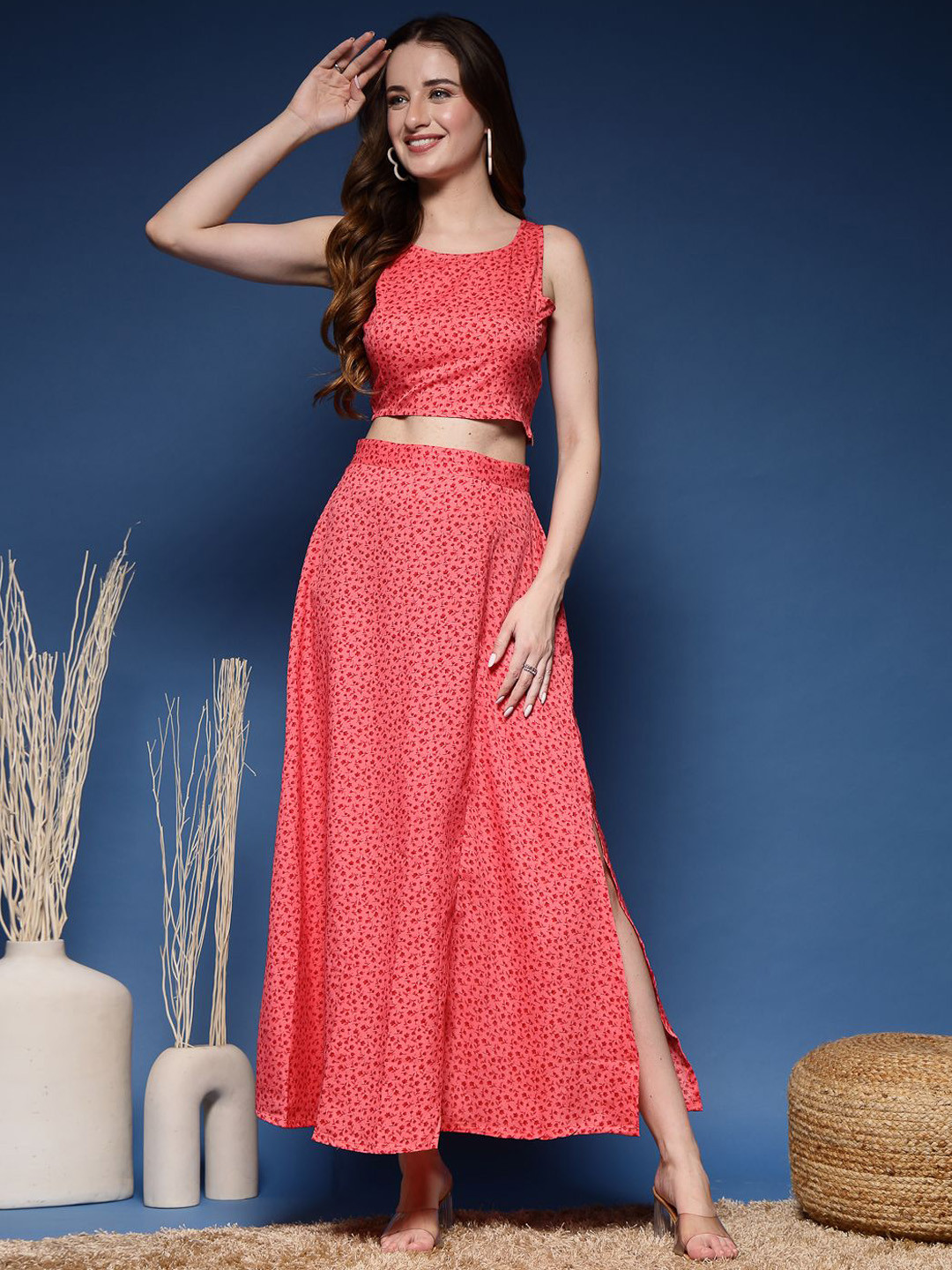 

DAEVISH Printed Top & Skirt, Coral