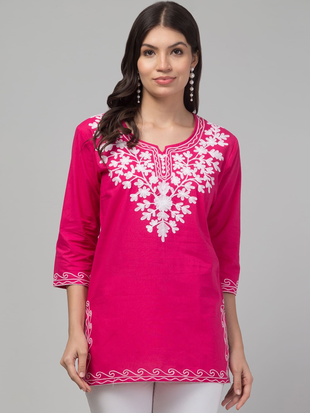 

FAMBEE Women Floral Embroidered Pure Cotton Kurti, Pink