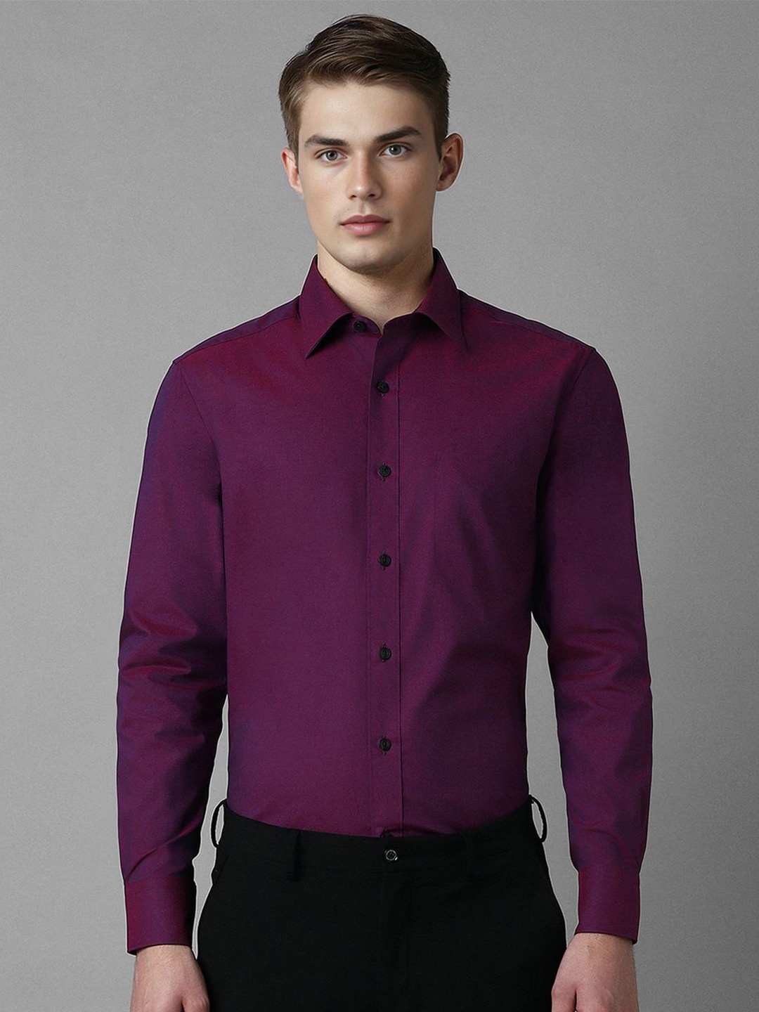 

Louis Philippe Men Classic Spread Collar Solid Cotton Formal Shirt, Purple