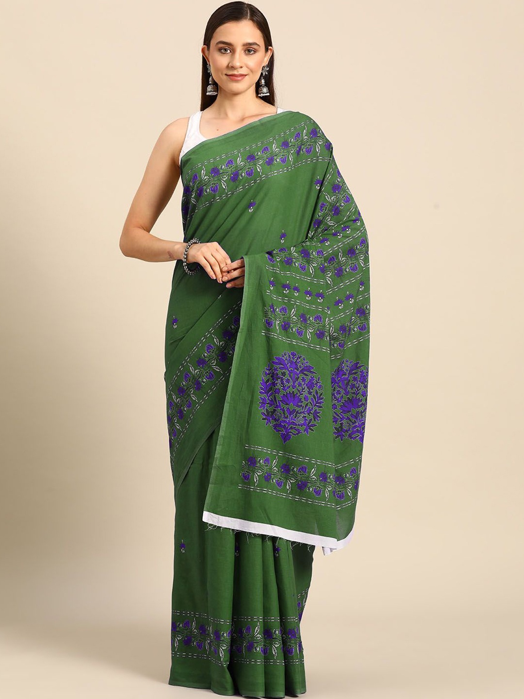 

BUTA BUTI Floral Pure Cotton Saree, Green