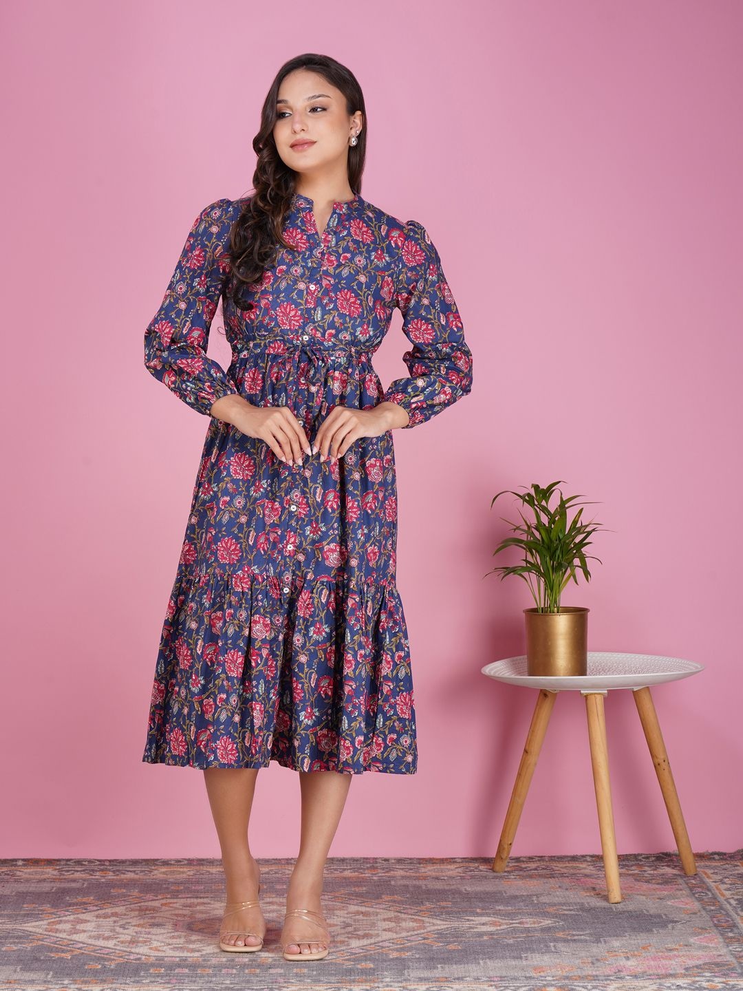 

METRO-FASHION Floral Printed Puff Sleeve Fit & Flare Midi Cotton Dress, Navy blue