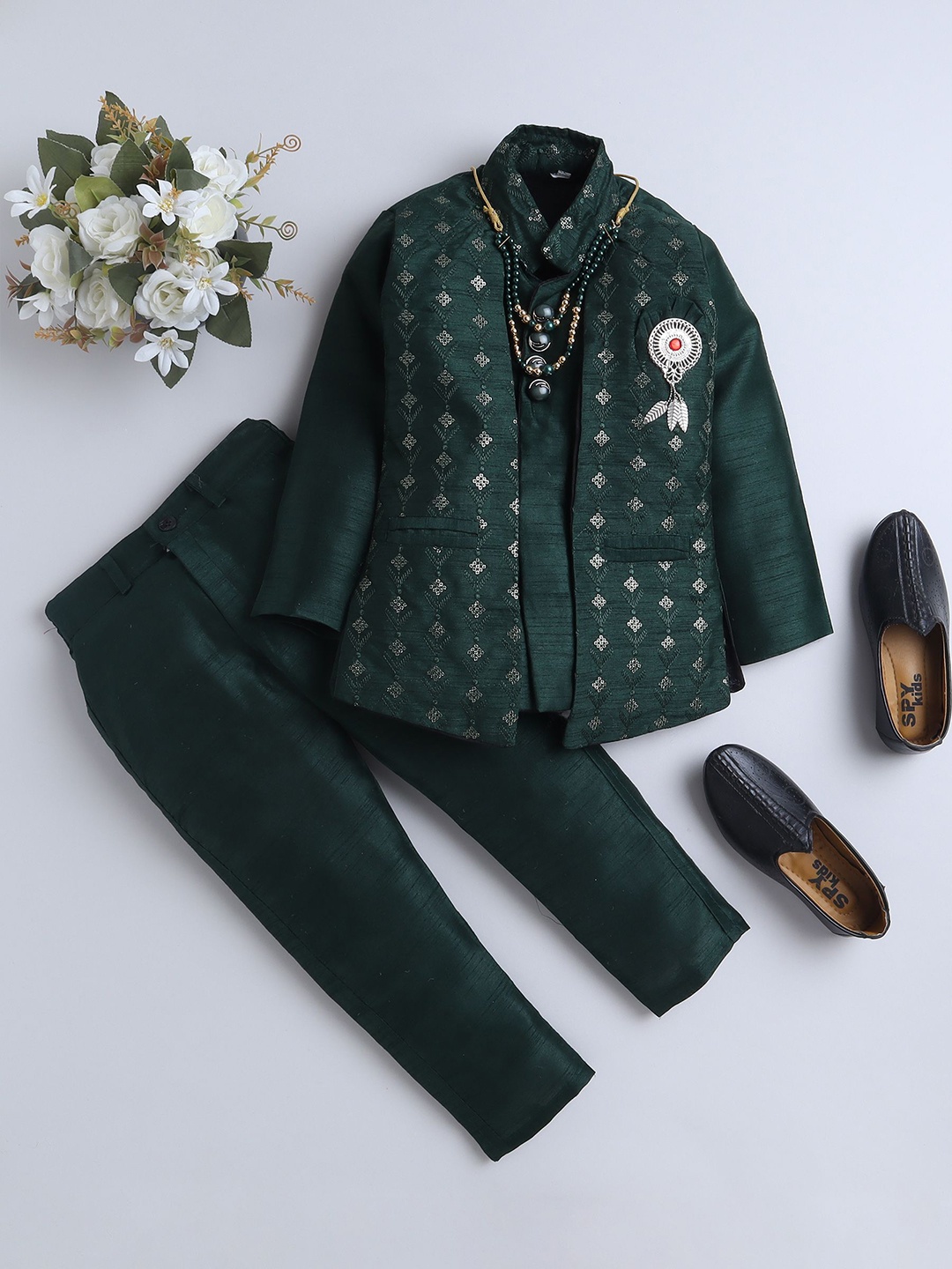 

FOURFOLDS Boys Embellished Sequinned Mandarin collar Bandhgala Blazer and Trouser & Brooch, Green