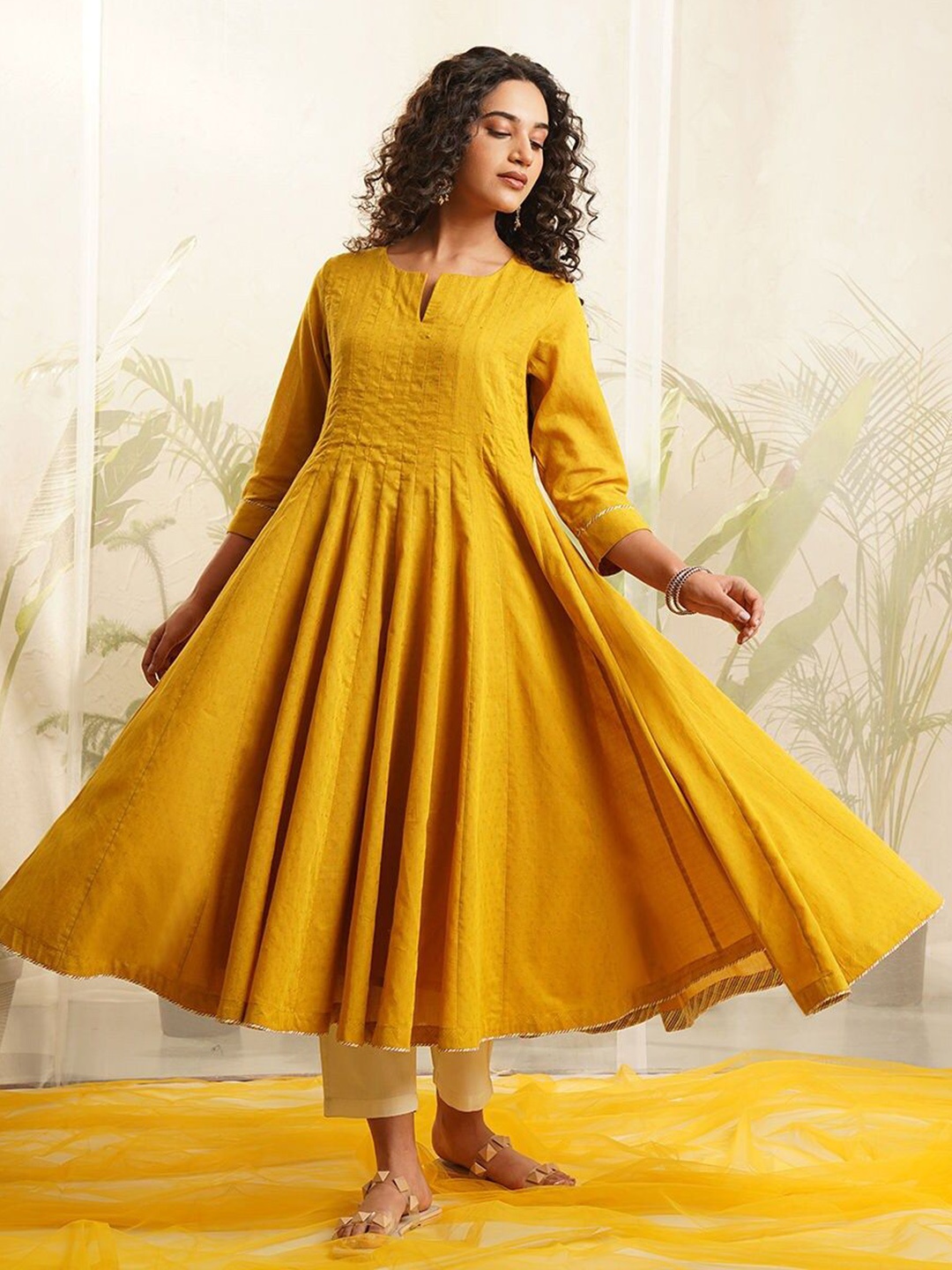 

JAYPORE Notch Neck Panelled Pure Cotton Anarkali Kurta, Mustard