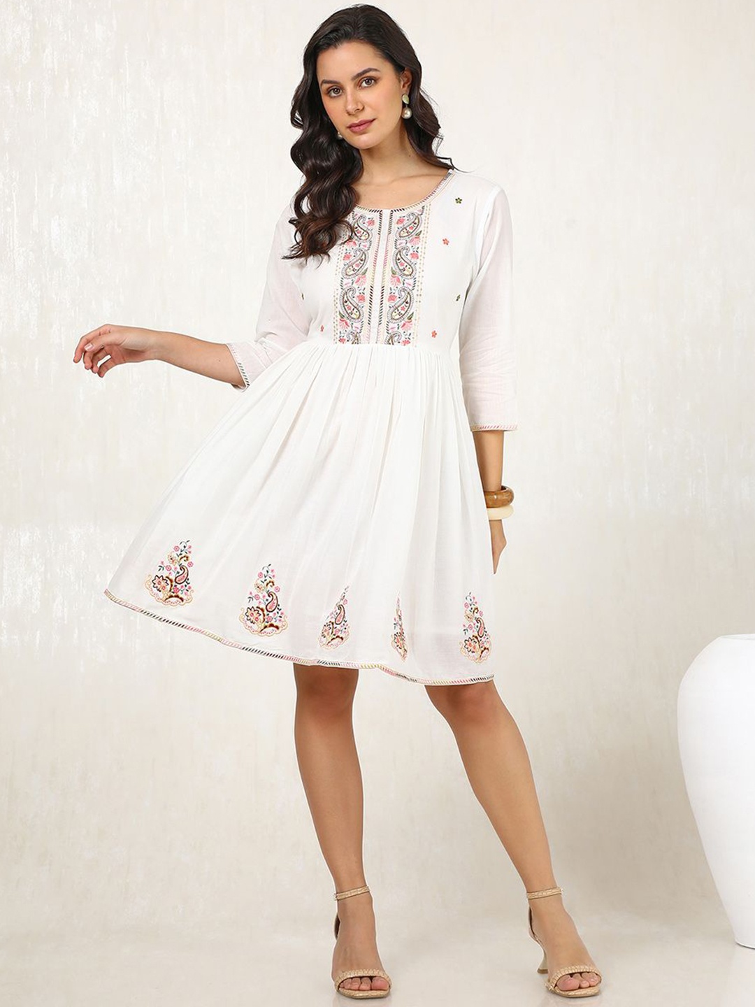

Soch Women Ethnic Motifs Embroidered Cotton Fit and Flare Dress, White