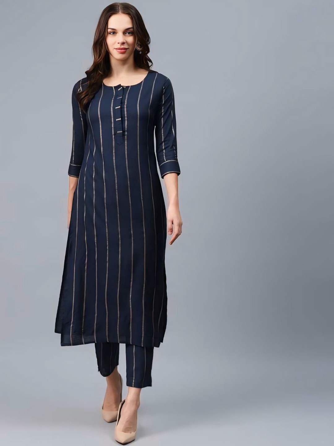 

ROOPWATI FASHION Women Striped Pleated Kurta with Trousers, Navy blue