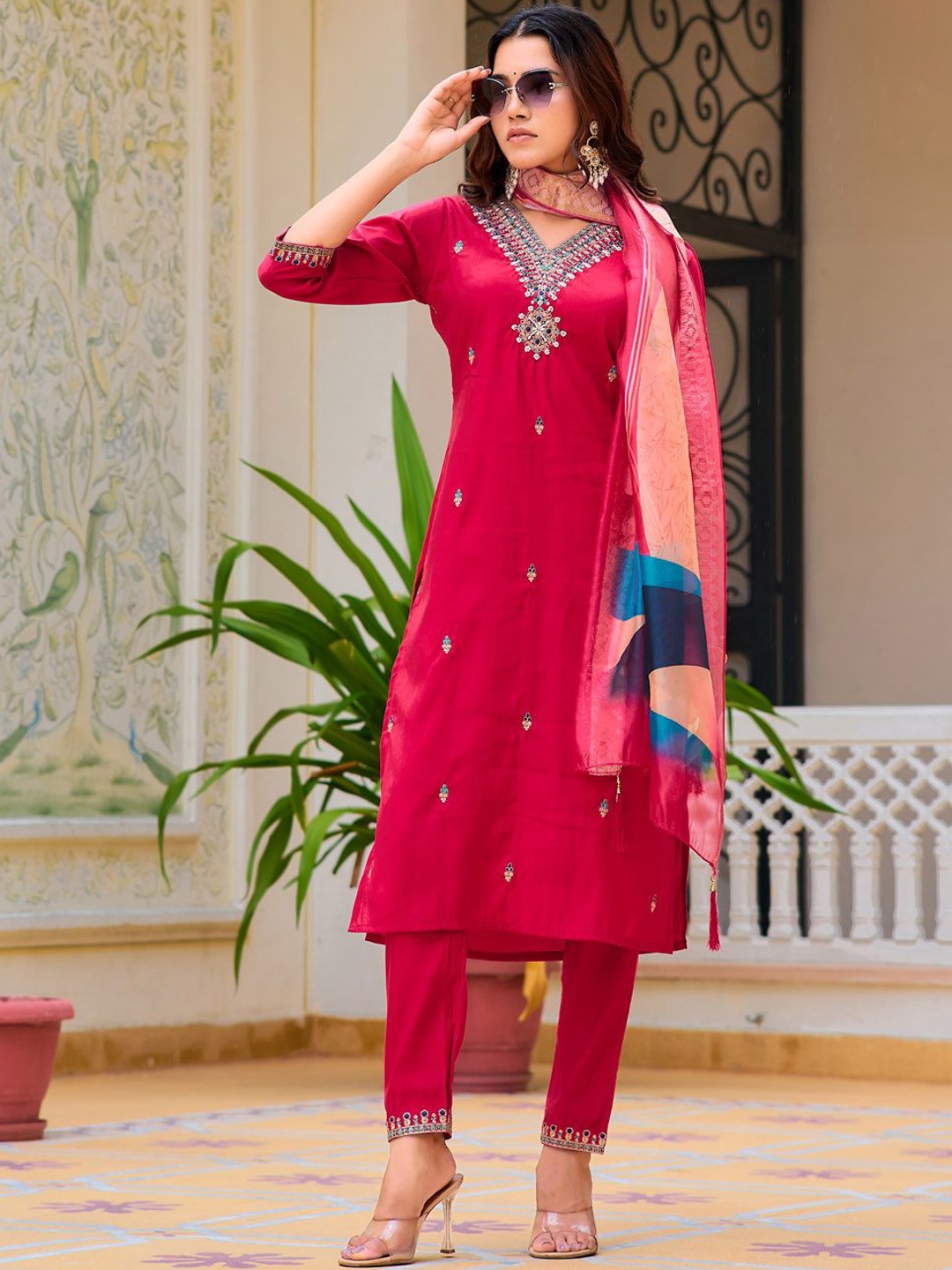 

Berrylicious Floral Embroidered Chanderi Cotton Straight Kurta with Trousers & Dupatta, Pink