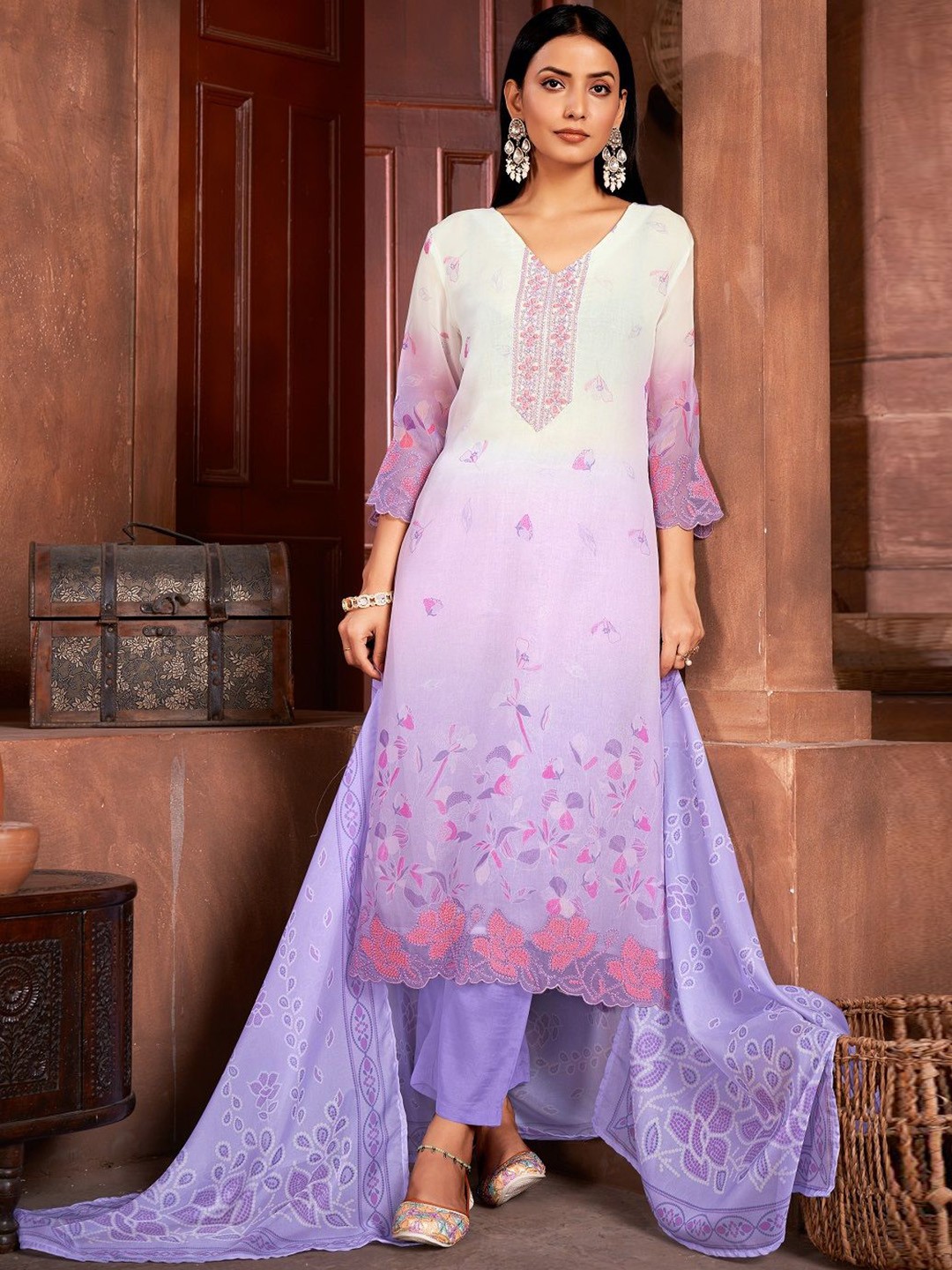 

JIVORA Floral Embroidered Kurta With Pyjamas & Dupatta, Purple