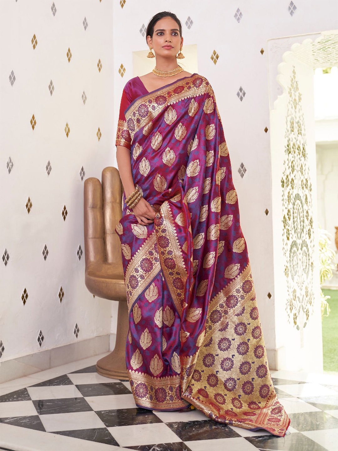 

ODETTE Woven Design Zari Satin Saree, Purple