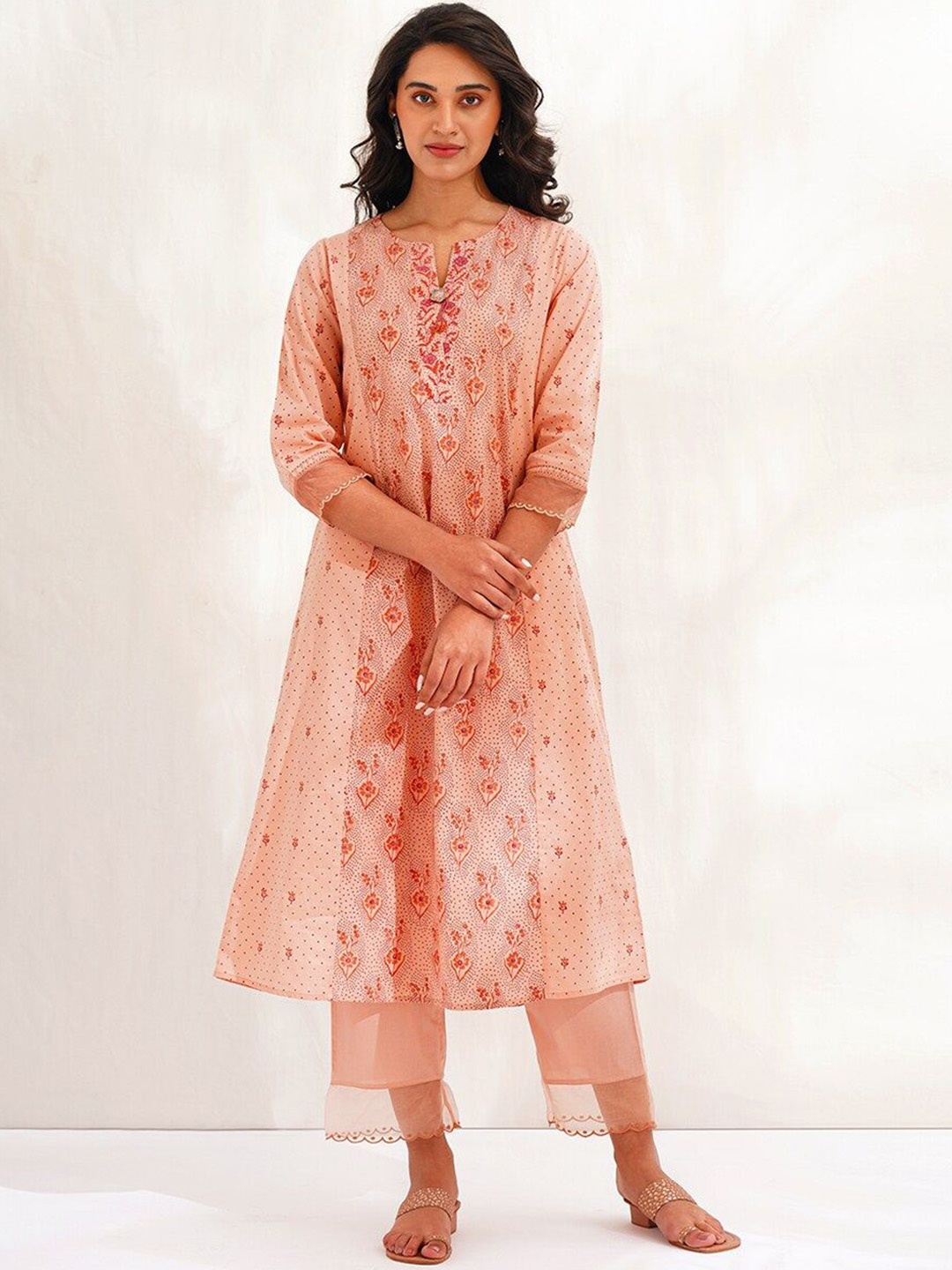 

JAYPORE Ethnic Motifs Printed Thread Work Pure Cotton A-Line Kurta, Coral