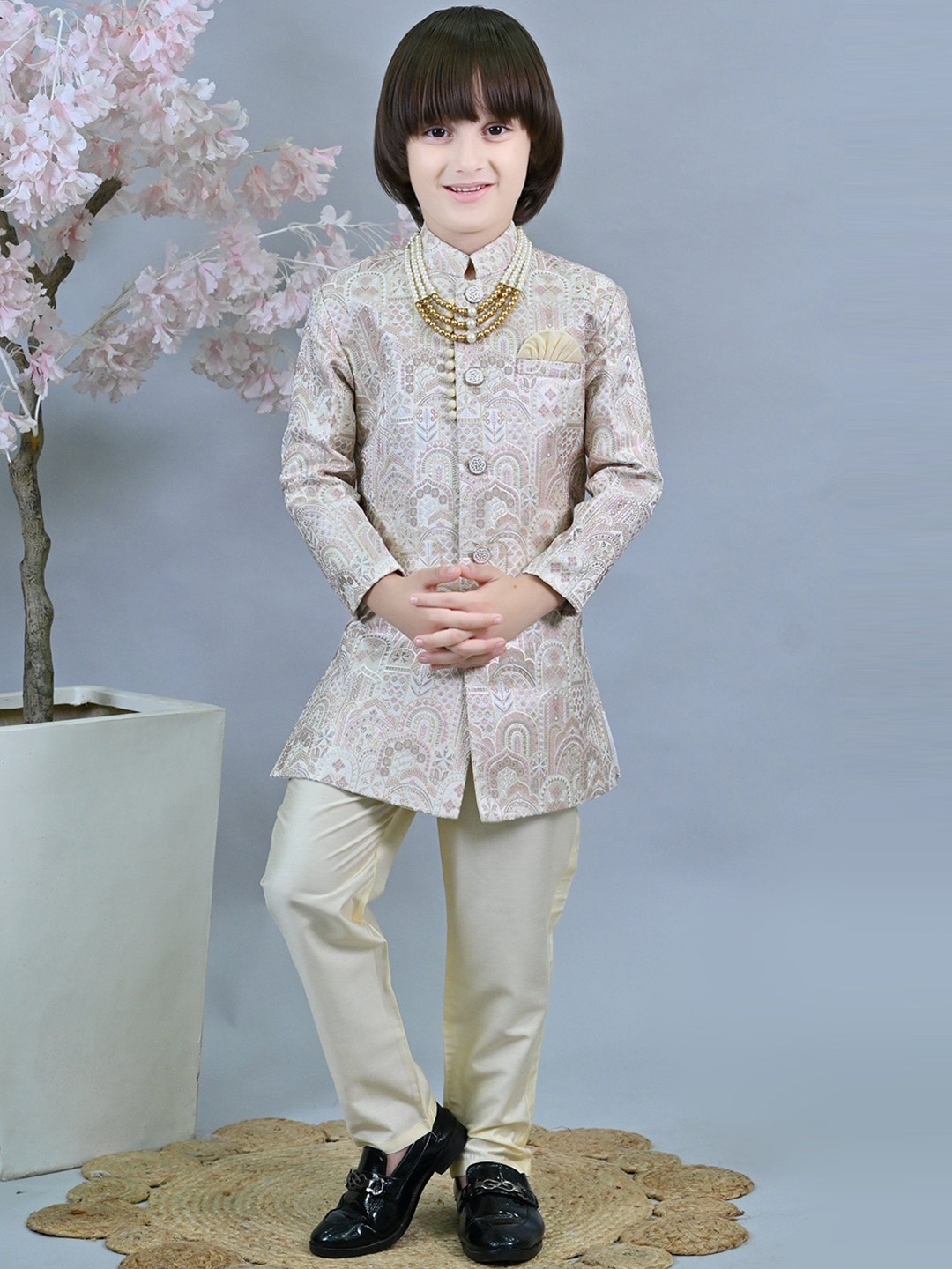 

ahhaaaa Boys Embroidered Sherwani Set, Pink