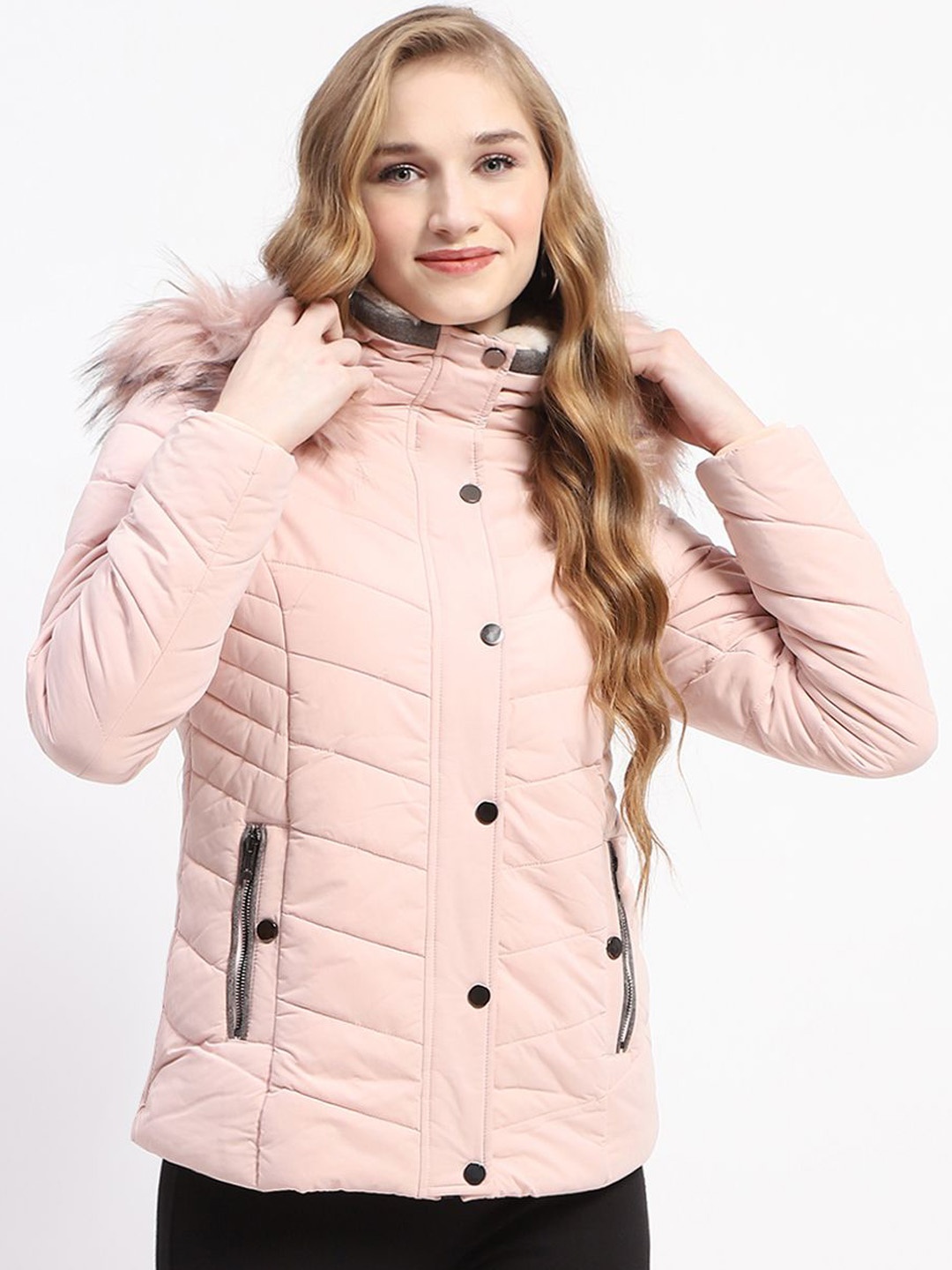 

Madame Women Solid Mock Collar Padded Jacket, Pink